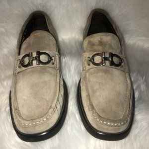 💯SALVATORE FERRAGAMO David Bit Suede Loafers Bone